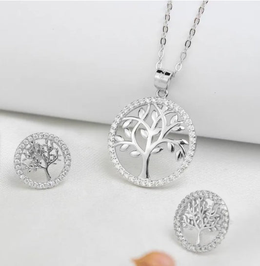 Set Collar y Arete Árbol de la Prosperidad Plata